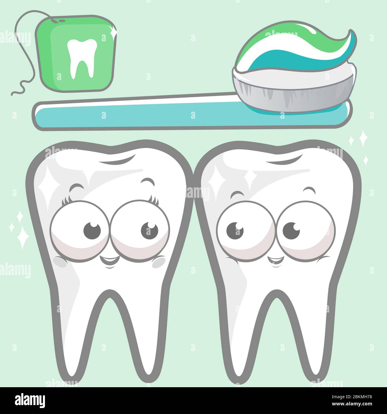 Dental hygiene set with cute cartoon teeth characters smiling, a ...