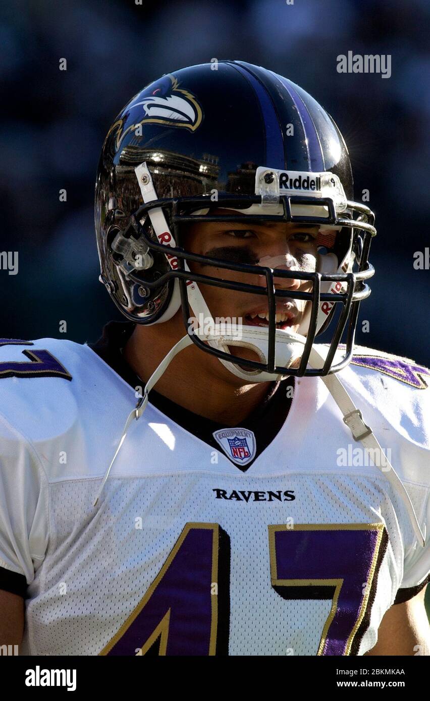 Oaklland, United States. 14th Dec, 2003. Baltimore Ravens helmet on the  field during an NFL football game against the Oakland Raiders at Network  Associates Coliseum in Oakland, Calif. on Sunday, Dec. 14