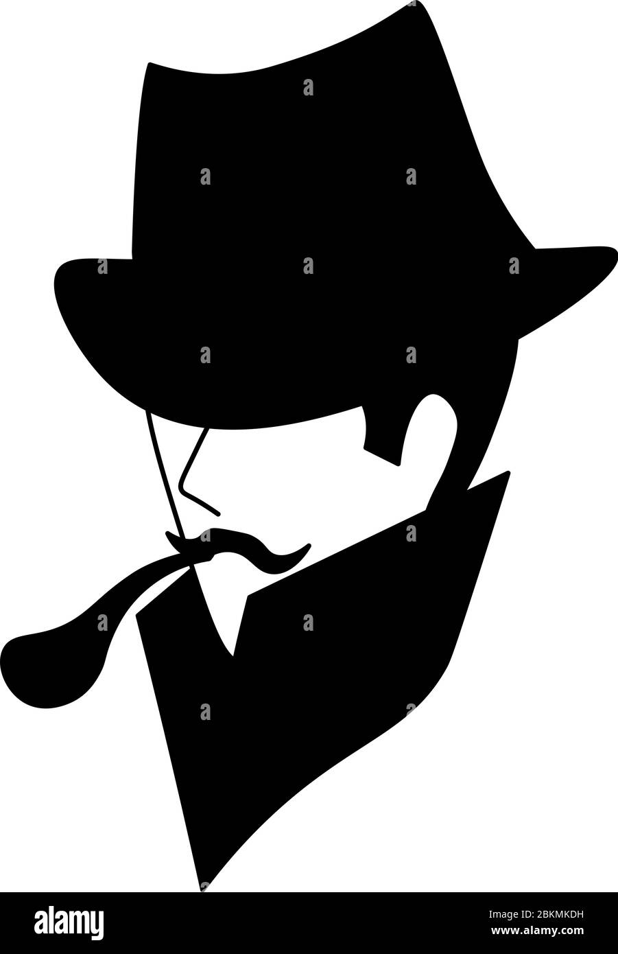 Black silhouette of minimalistic vintage man in hat with tobacco pipe Stock Vector
