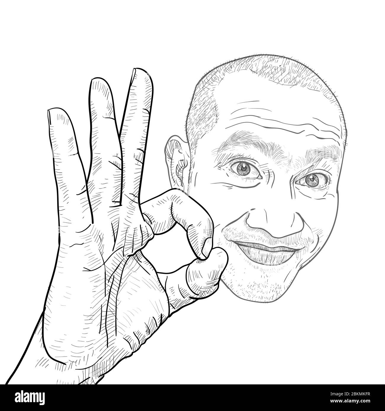 Drawing funny portrait of Asian guy showing OK hand sign on white background. vector illustration. Stock Vector