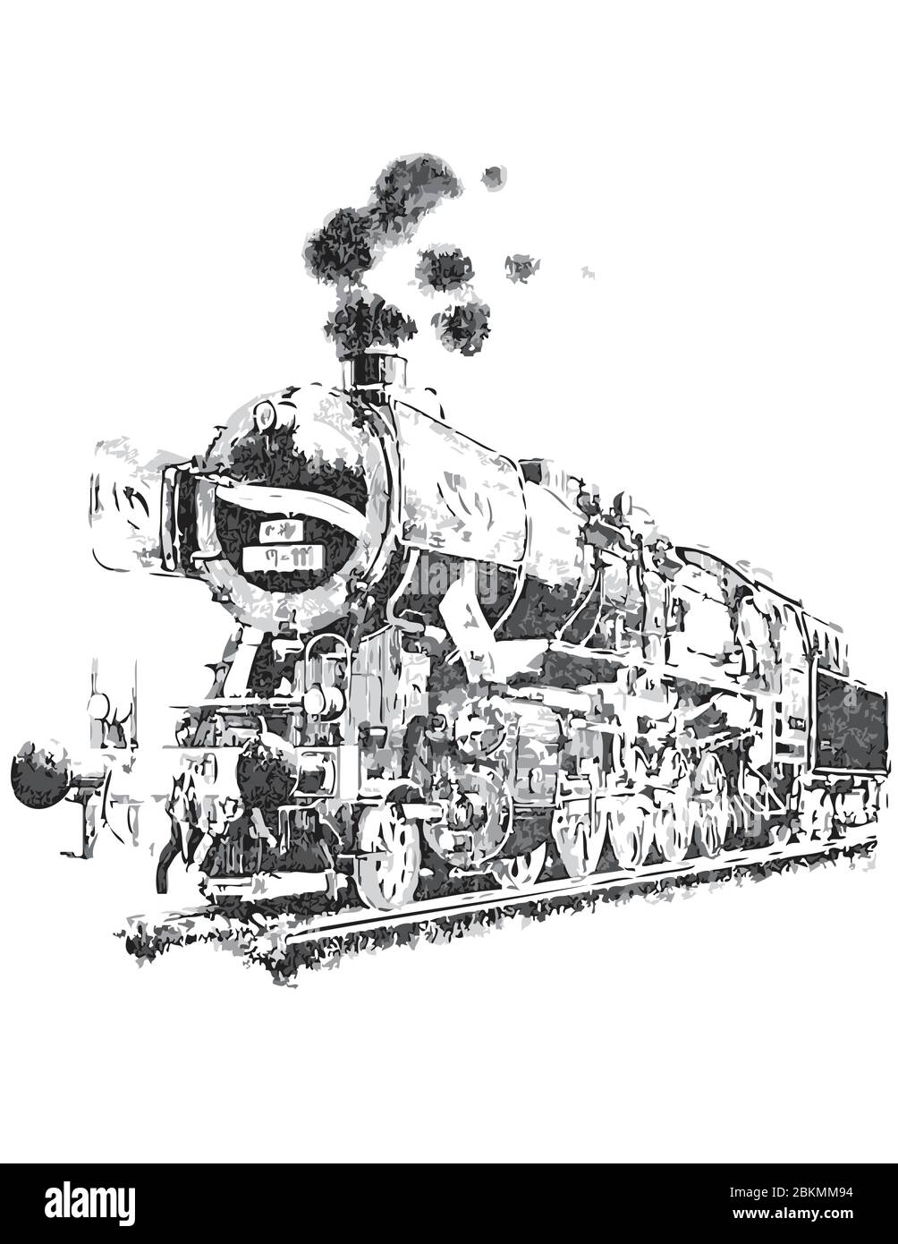 Drawing in a valer of white, gray and black. Steam locomotive on railway rails Stock Vector