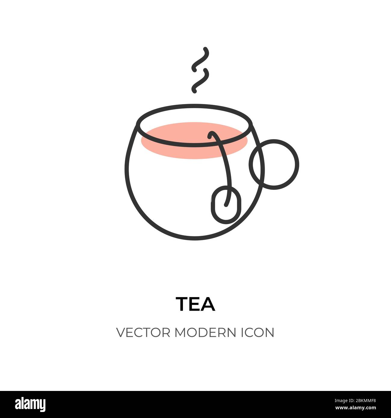 Hot tea cup flat line icon. Contour emblem logo template of traditional green tea. Simple shape of glass mug with tea bag. Symbol organic herbal hot drink closeup Isolated on white vector illustration Stock Vector