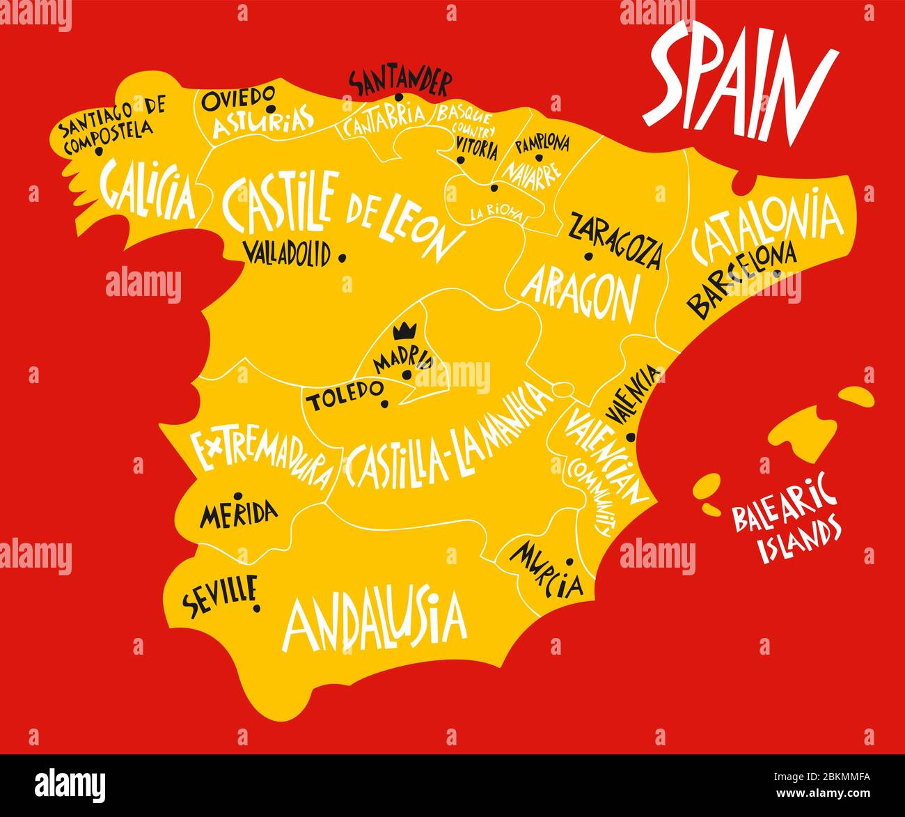 Vector hand drawn stylized map of Spain Kingdom. Travel illustration of Spain provinces and cities. Hand drawn lettering illustration. Europe map elem Stock Vector