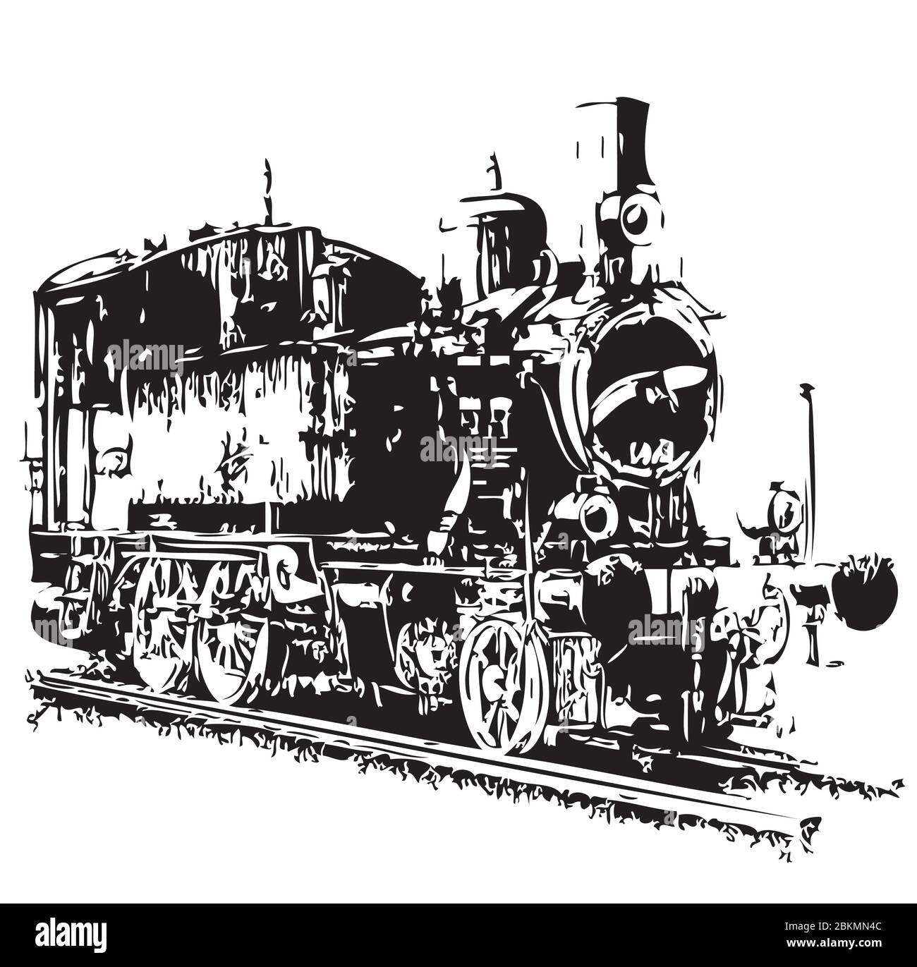 Black and white drawing of steam locomotive on white background Stock Vector