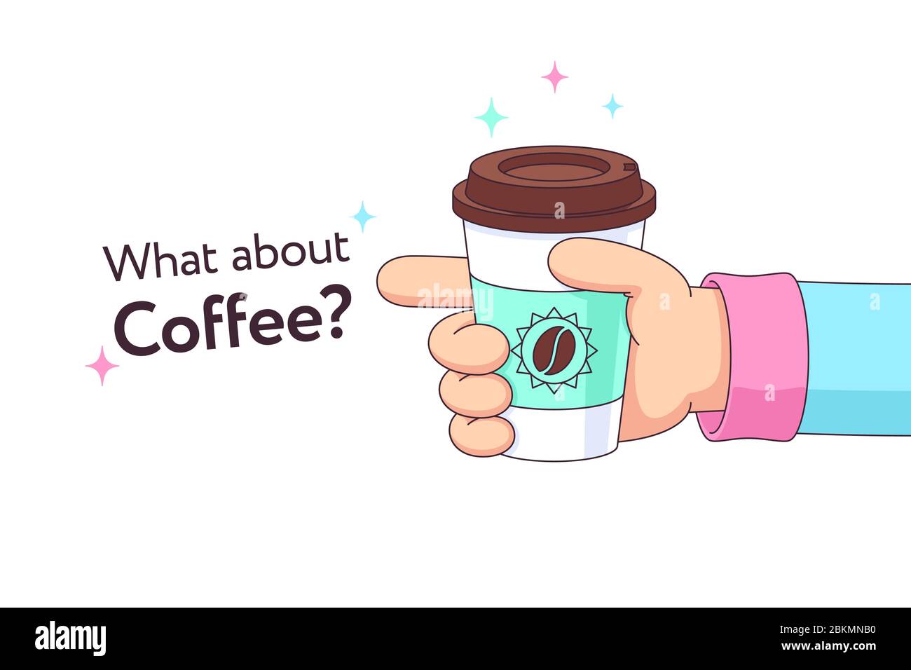 Take away fresh coffee cup. Cartoon human hand offers cup with hot chocolate. Coffee to go. Drink latte, cappuccino, americano, espresso for breakfast Stock Vector