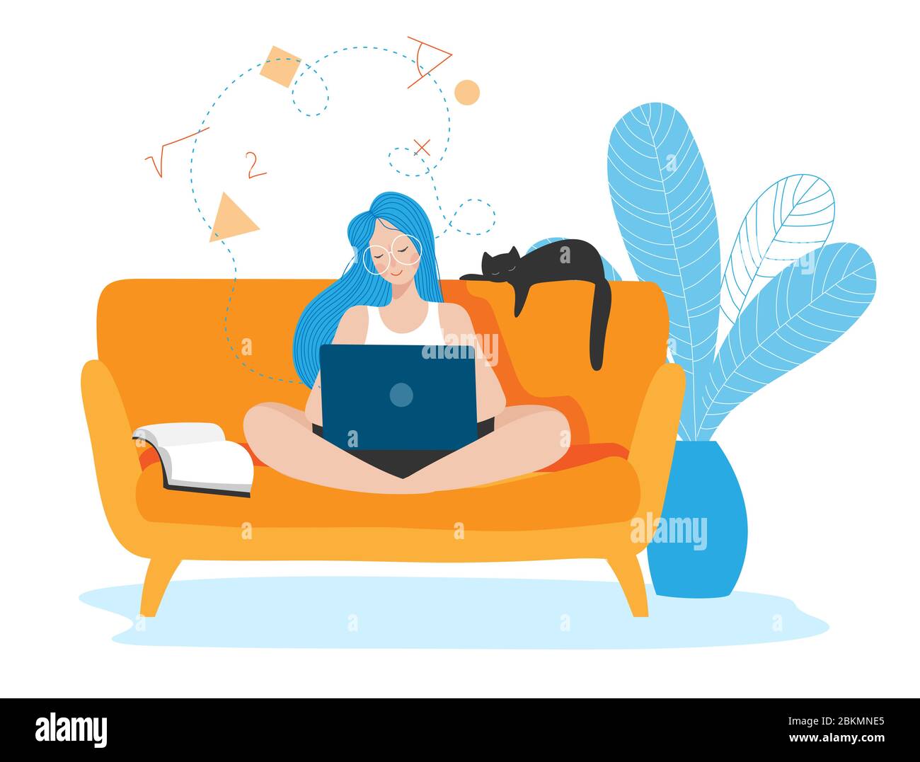 Girl learning from home online. Stock Vector