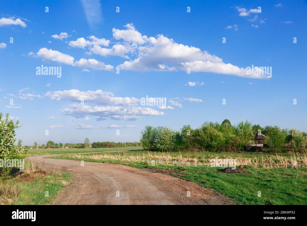 Day landscape with a road in the field. Blue sky with clouds and a ...