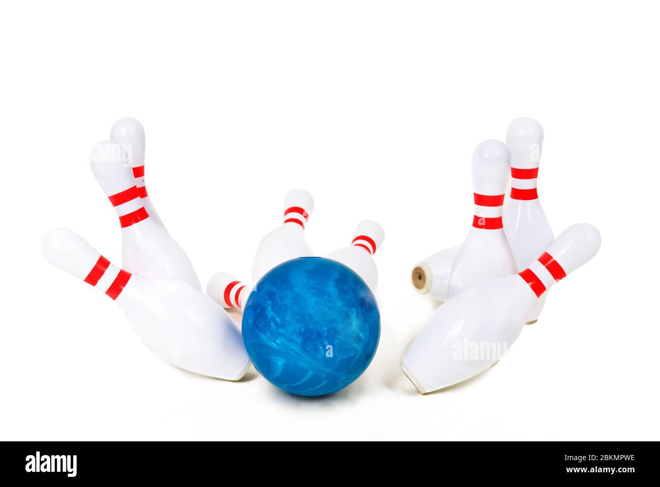 Bowling skittles and bowling ball on a white background. Bowling game Stock Photo