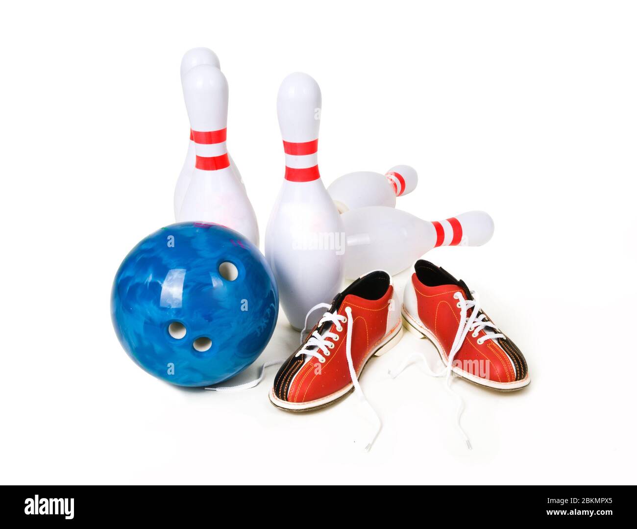 Bowling skittles, ball and shoes on a white background. Bowling game