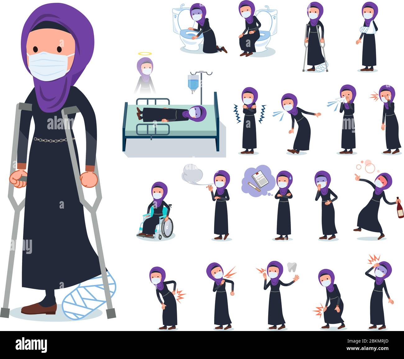 A set of women wearing mask and hijab with injury and illness.There are actions that express dependence and death.It's vector art so it's easy to edit Stock Vector
