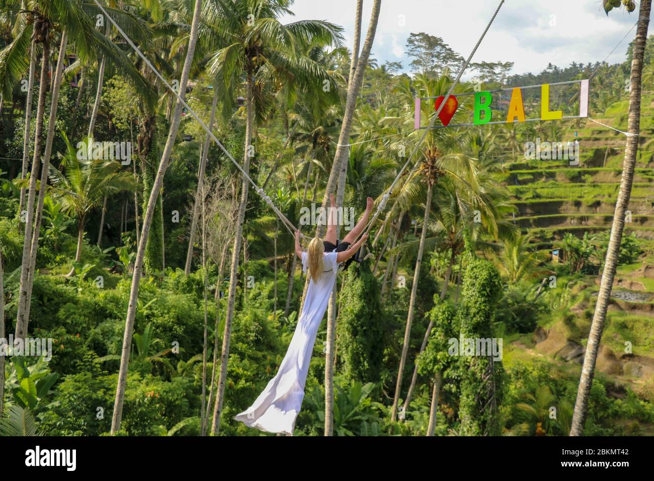A young girl sways on a swing over a high canyon. Young tourist woman
