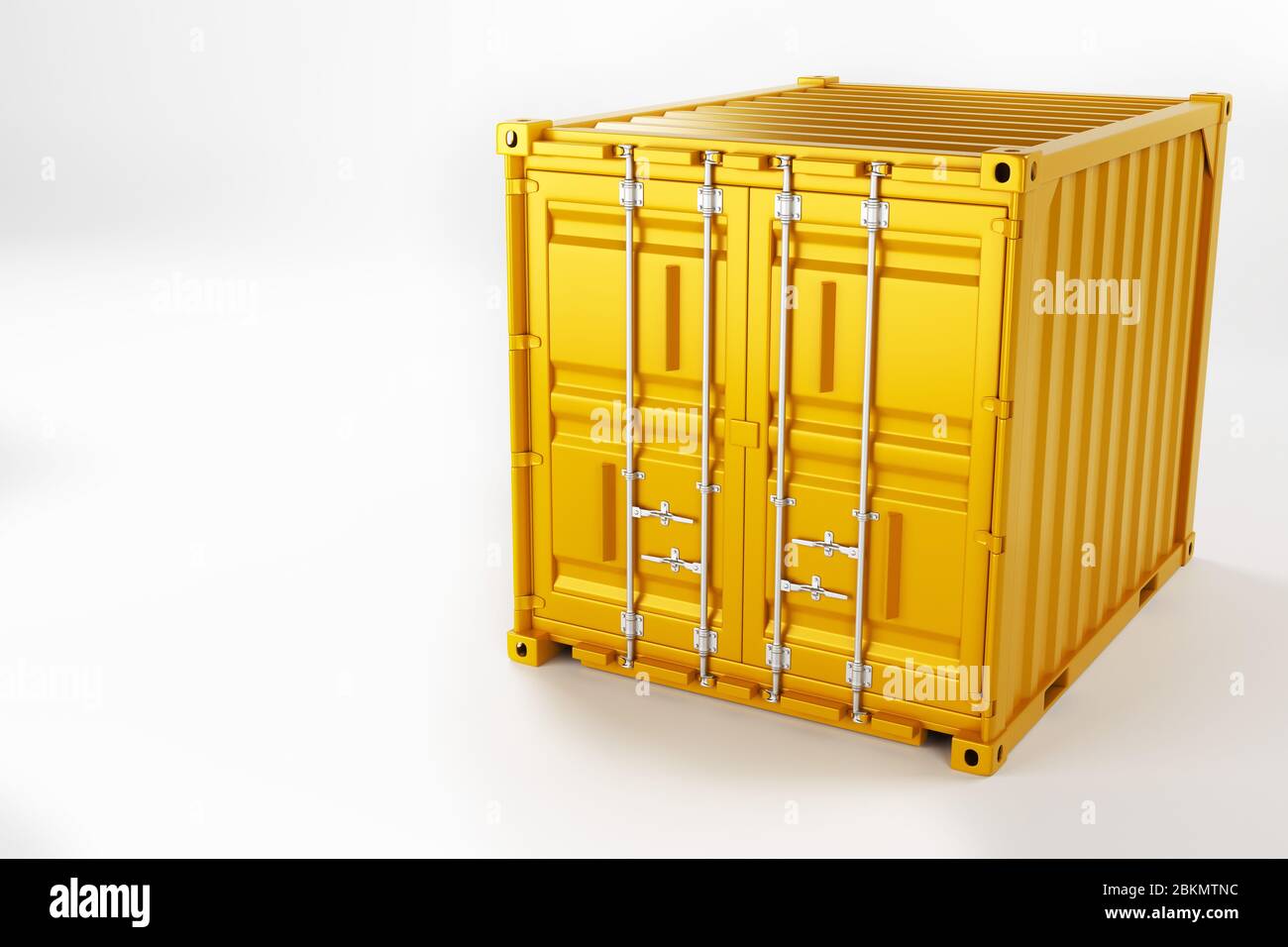 A high quality image of a yellow 10ft shipping container on a white background. Ten foot sea shipping container 3d render Stock Photo