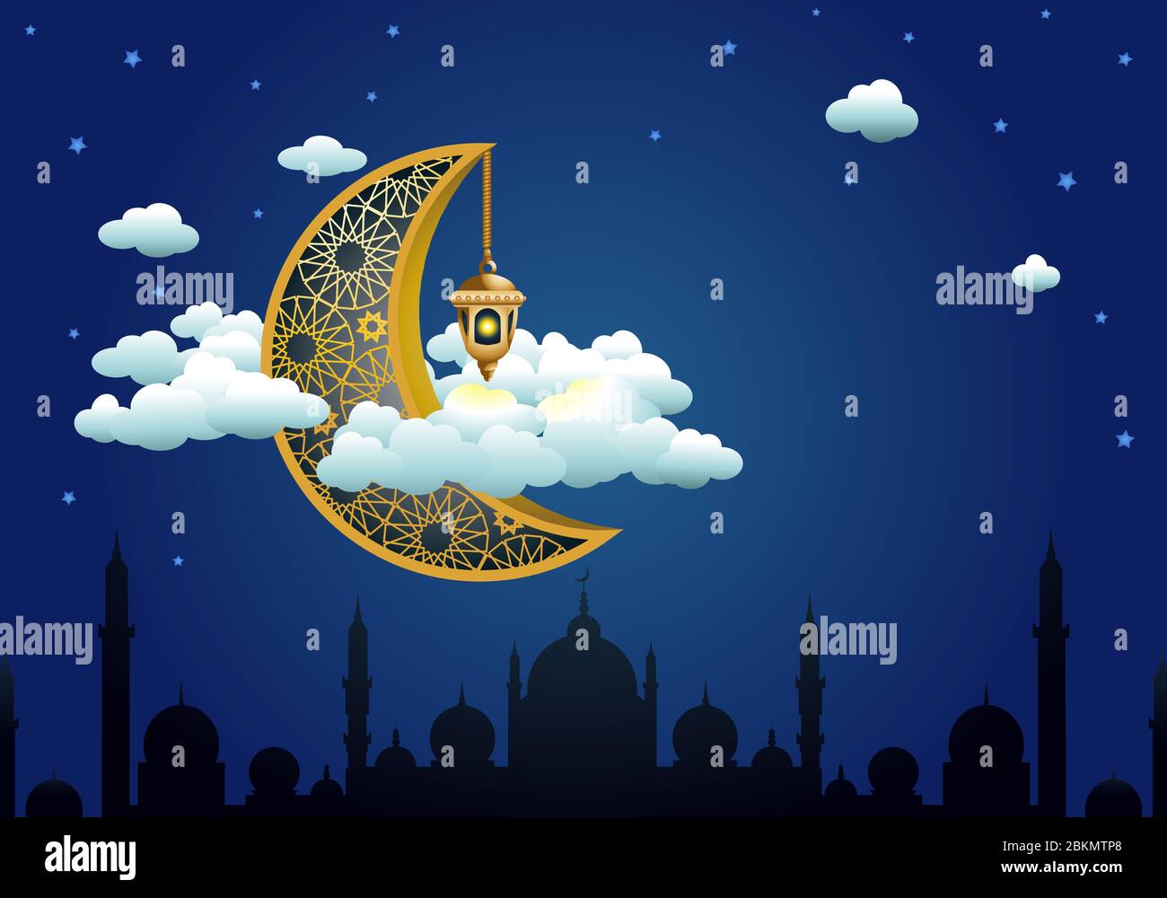 illustration of ornamental crescent moon with golden lantern on ramadan ...