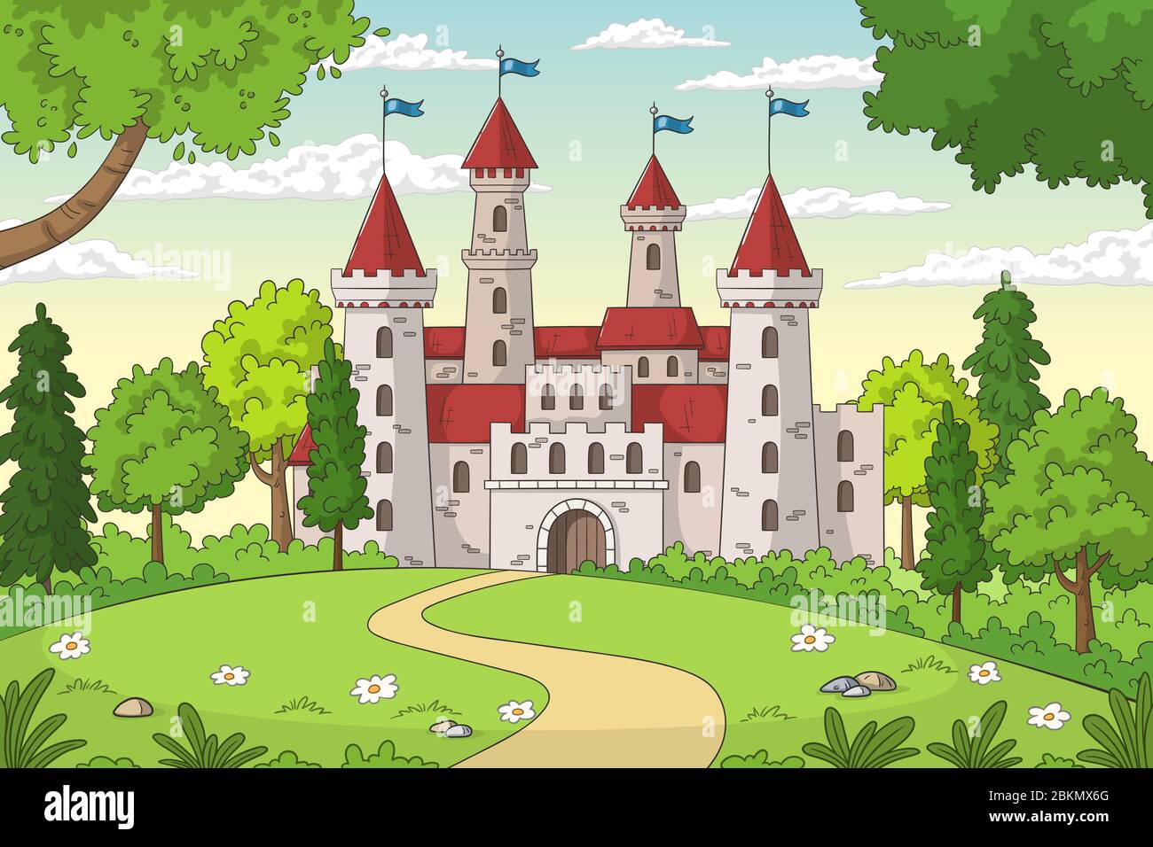 Castle in the forest. Hand drawn vector illustration with separate layers. Stock Vector