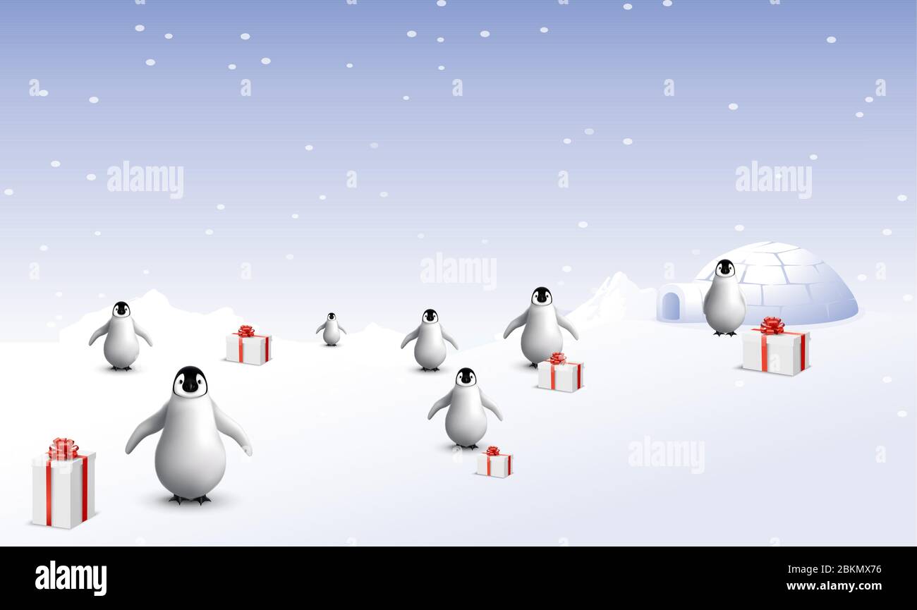 several penguins are in snow with gifts Stock Vector