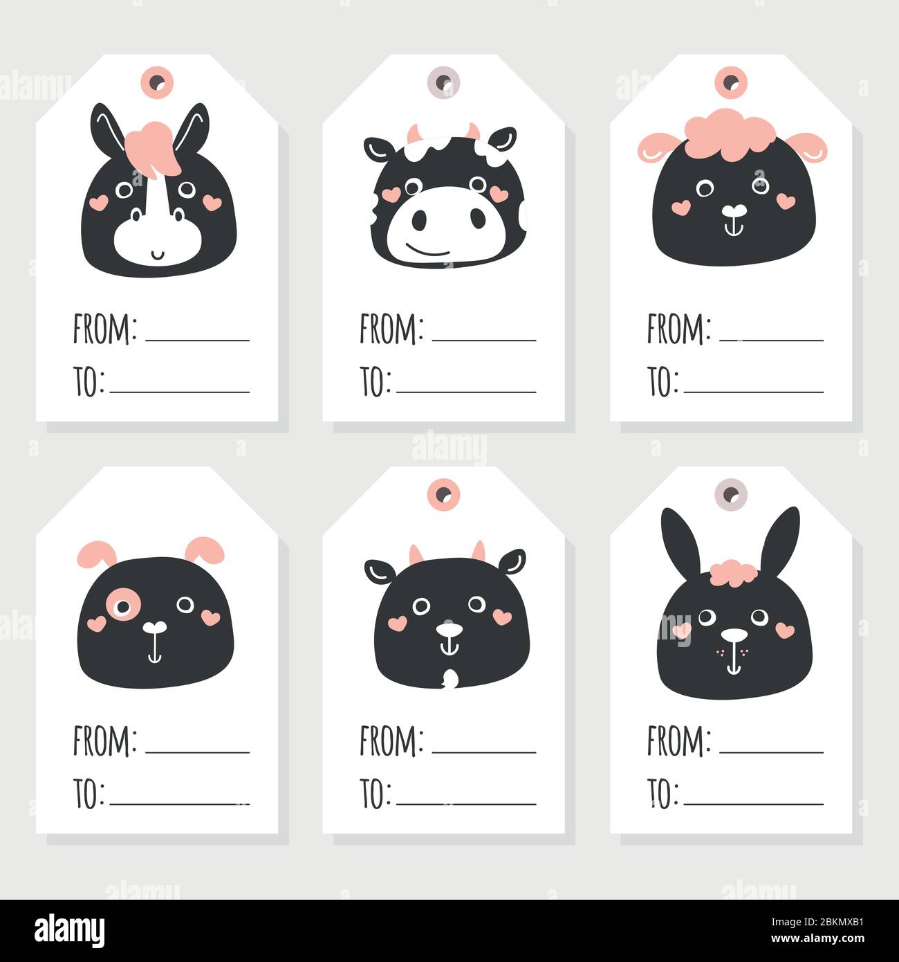 Black and white farm animals tags. Sheep, kitten, hamster, mouse, piglet, horse, donkey Stock Vector