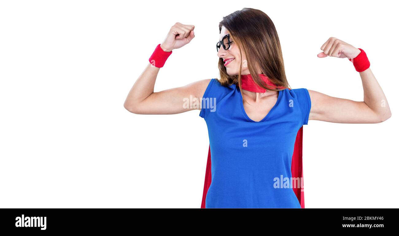 Digital animation of a woman wearing a cape and flexing her biceps Stock Photo