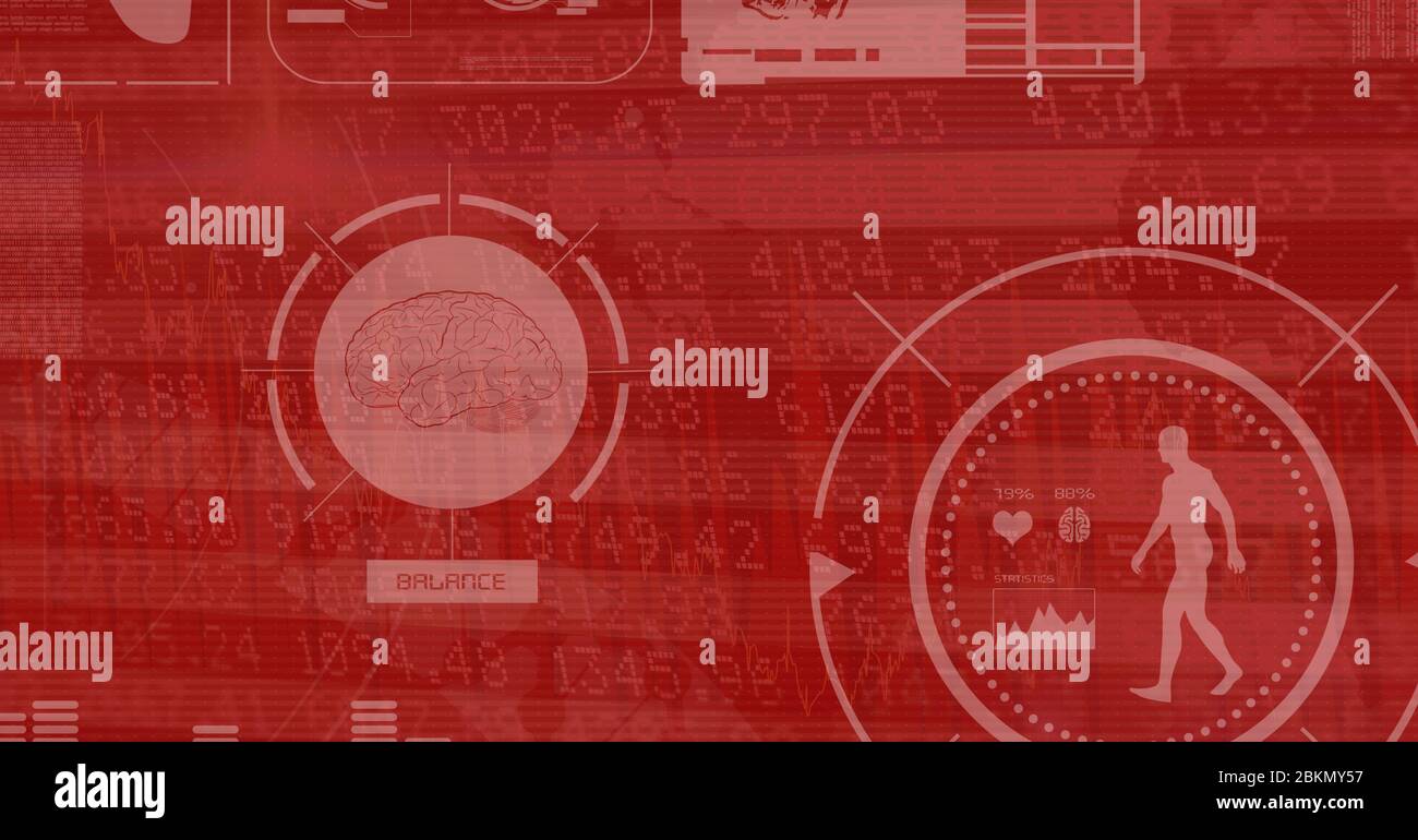 Digital illustration of medical icons over data processing, statistics ...