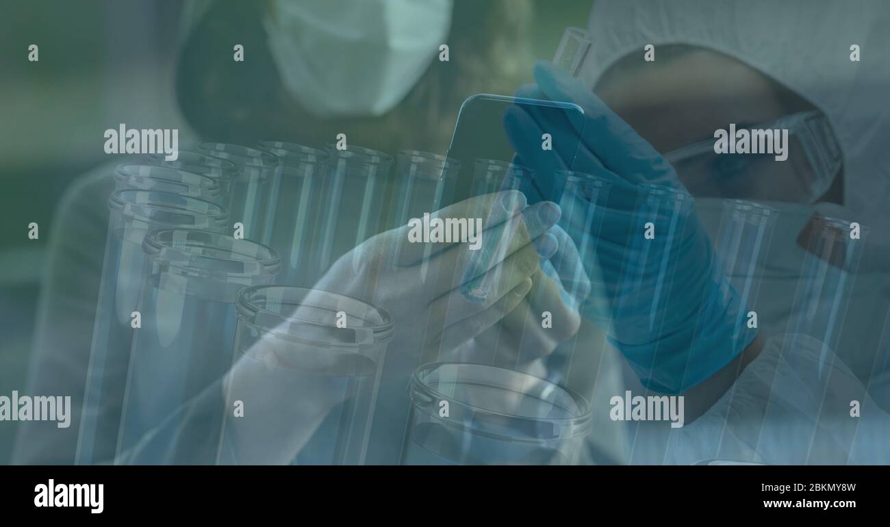 Digital illustration of a scientist holding a test tube over a woman walking and using a smartphone Stock Photo