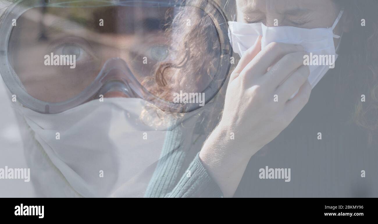 Digital illustration of a woman with a mask, sneezing over a doctor with a mask and googles Stock Photo