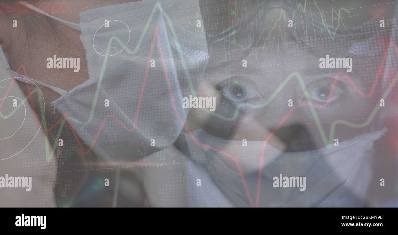 Digital illustration of two people with masks over data processing and ...