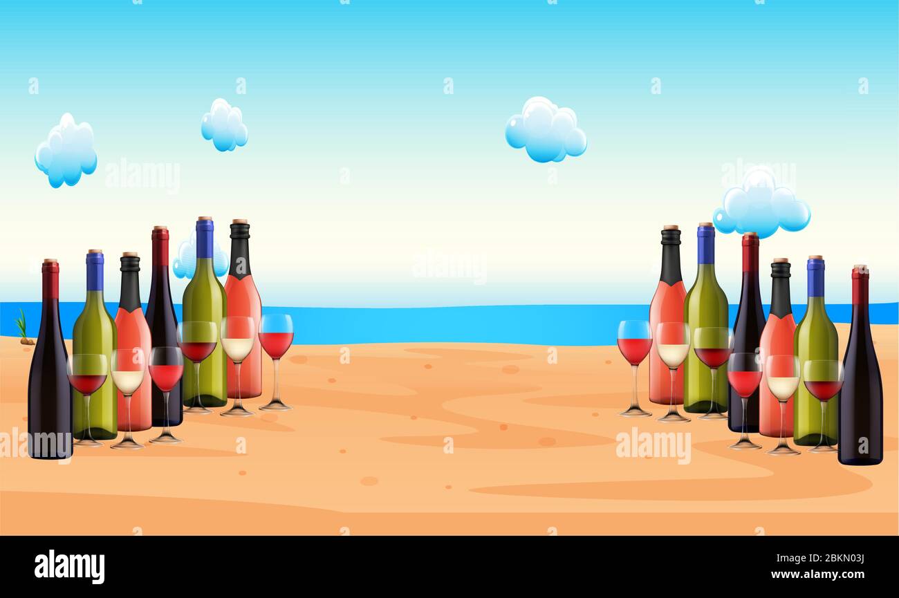 collection of wine bottle with glasses on beach side for party Stock