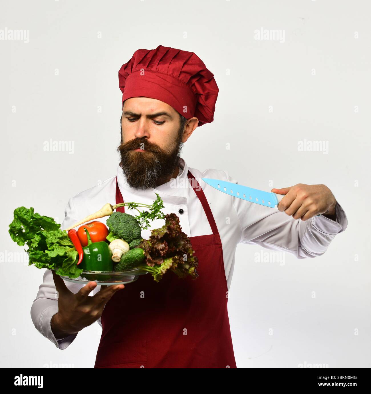 Man with beard isolated on white background. Cook with serious face in ...