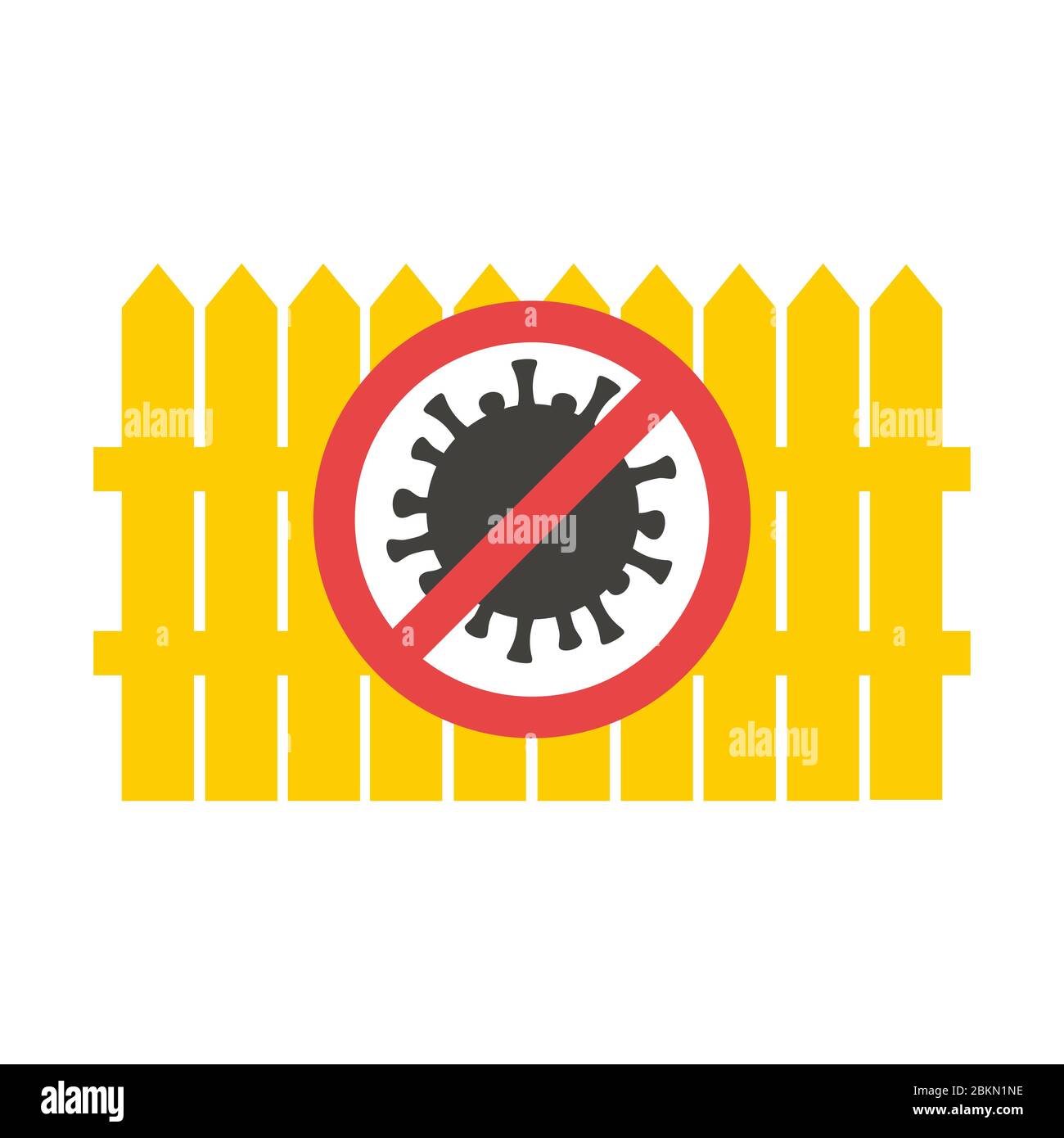 Stop coronavirus concept vector illustration. Yellow fence with prohibition sign. Barrier for infection transmission. Stock Vector