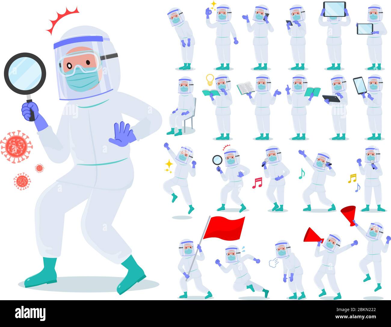 A set of doctor man wearing protective suit with digital equipment such as smartphones.There are actions that express emotions.It's vector art so it's Stock Vector