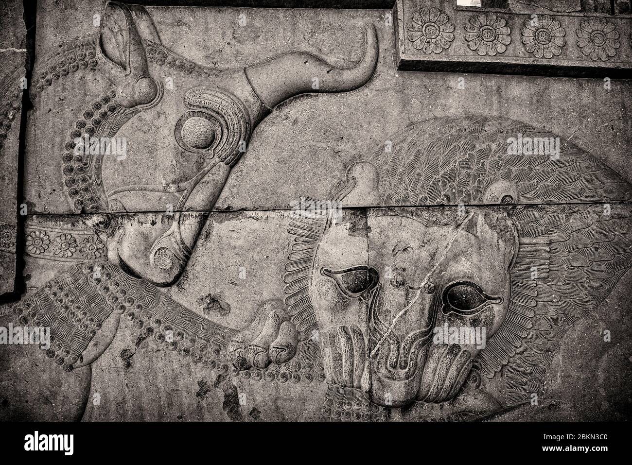 Bas-relief of lion devouring bull representing zoroastrian Nowruz, Persepolis, Iran. Stock Photo