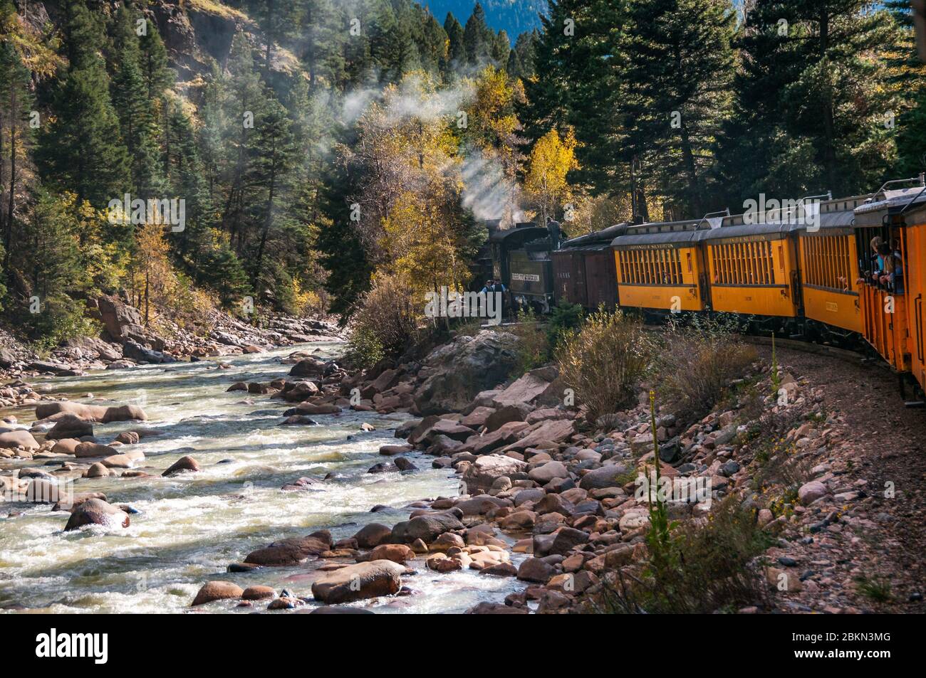 K-36 class no. 486 taking on water by the Animas River on the Durango & Silverton Narrow Gauge Railroad, Colorado, USA. Stock Photo