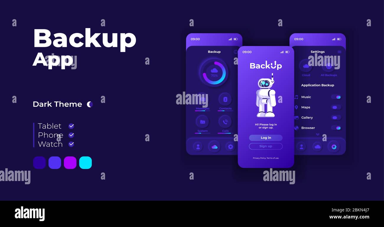 Backup application cartoon smartphone interface vector templates set.  Mobile app screen page night mode design. Cloud storage log in and settings  UI Stock Vector Image & Art - Alamy