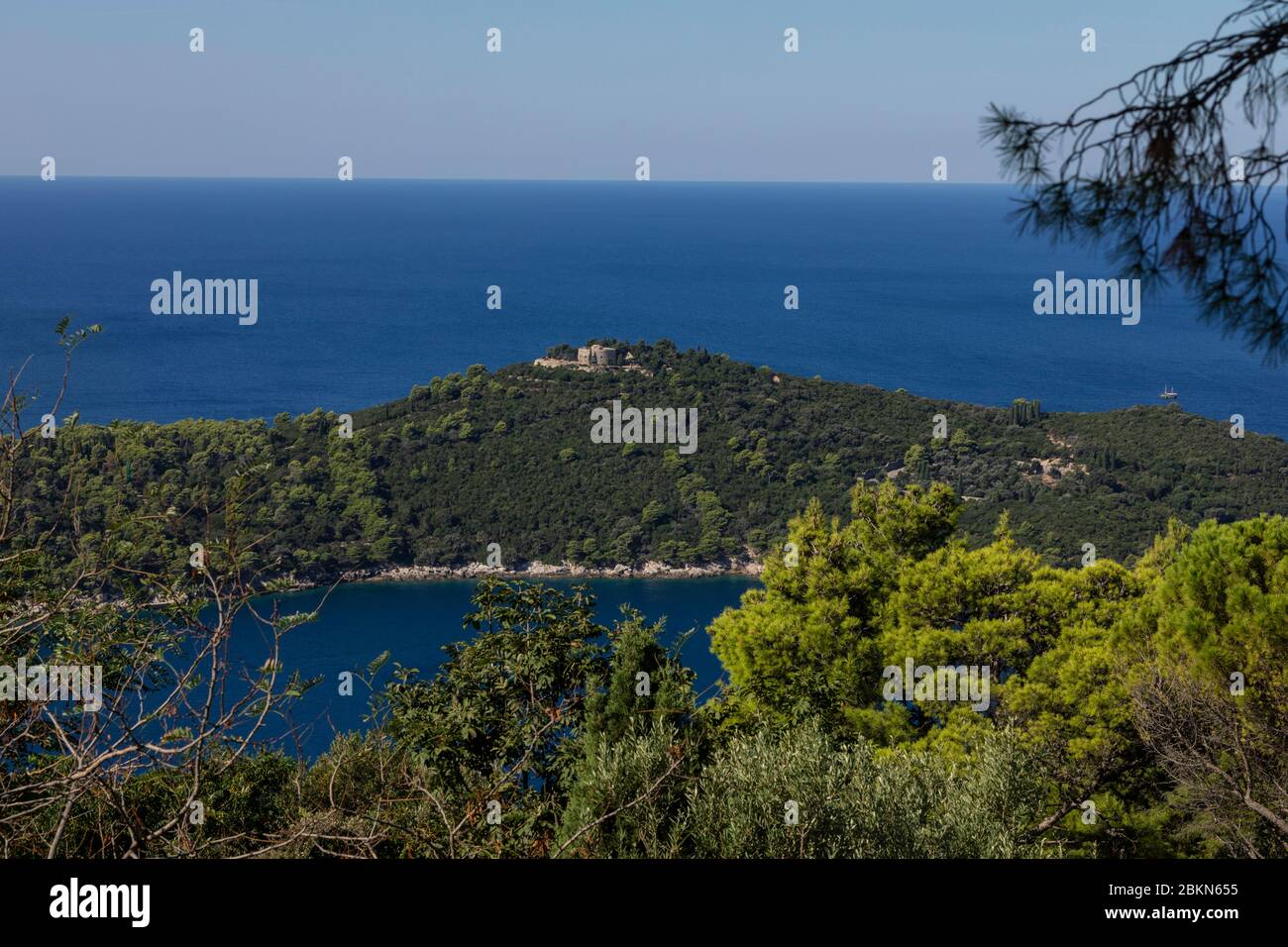 Lokrum Island near the Dubrovnik Old Town on the Adriatic Sea in Croatia seen from above. A green island with a fort on it, shot on a sunny day in sum Stock Photo