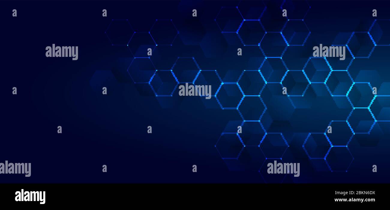 Abstract technology or medical concept blue glowing hexagons shape pattern on dark background. Ideas for health care tech, innovation medicine, scienc Stock Vector