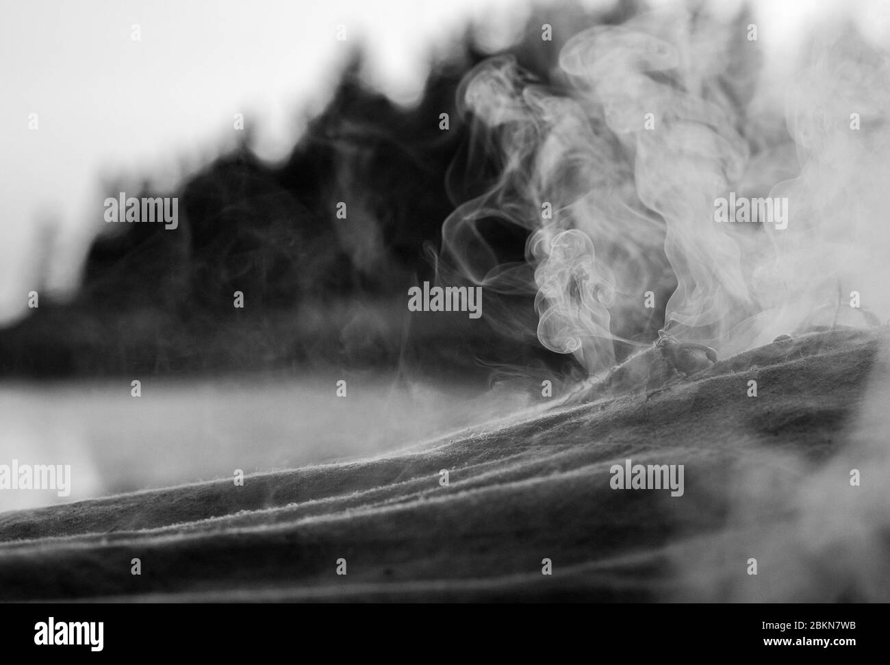 BW image of steam rises from below a fabric tarp where lobsters are steaming at a lobster bake, with a blurred background, in Vinalhaven, Maine, USA Stock Photo