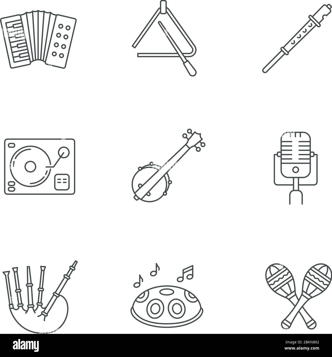 Band musical instruments pixel perfect linear icons set Stock Vector