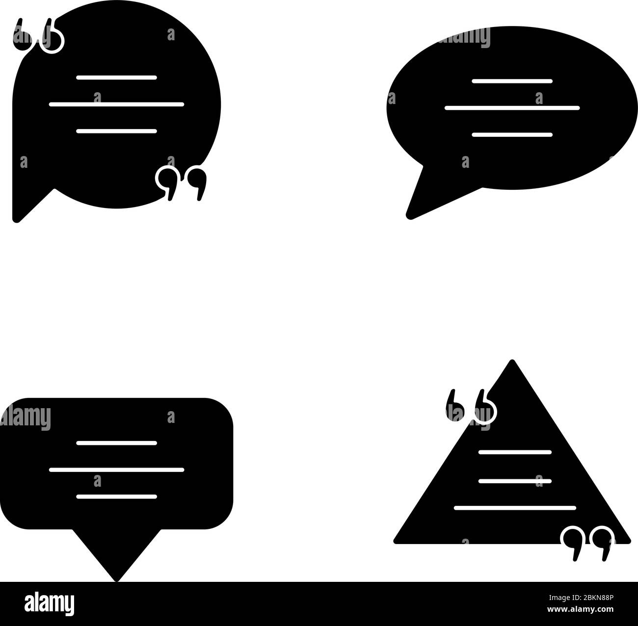 Empty chat bubbles with quotation marks black glyph icons set on white ...