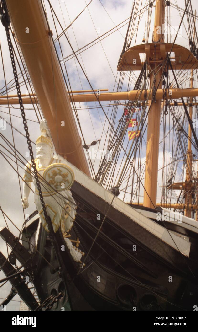 H.M.S. Warrior in Portsmouth Naval Dockyard, Hampshire, England, seen from fine on the port bow, close-up of figurehead. Stock Photo