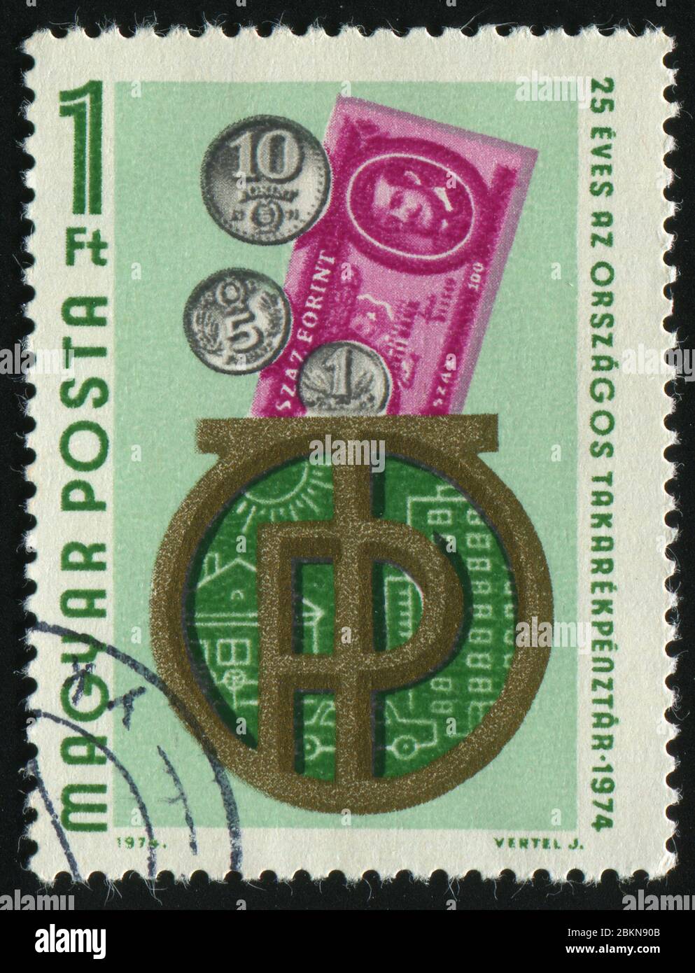 HUNGARY - CIRCA 1974: Bank Emblem Coins and Banknote, circa 1974. Stock Photo