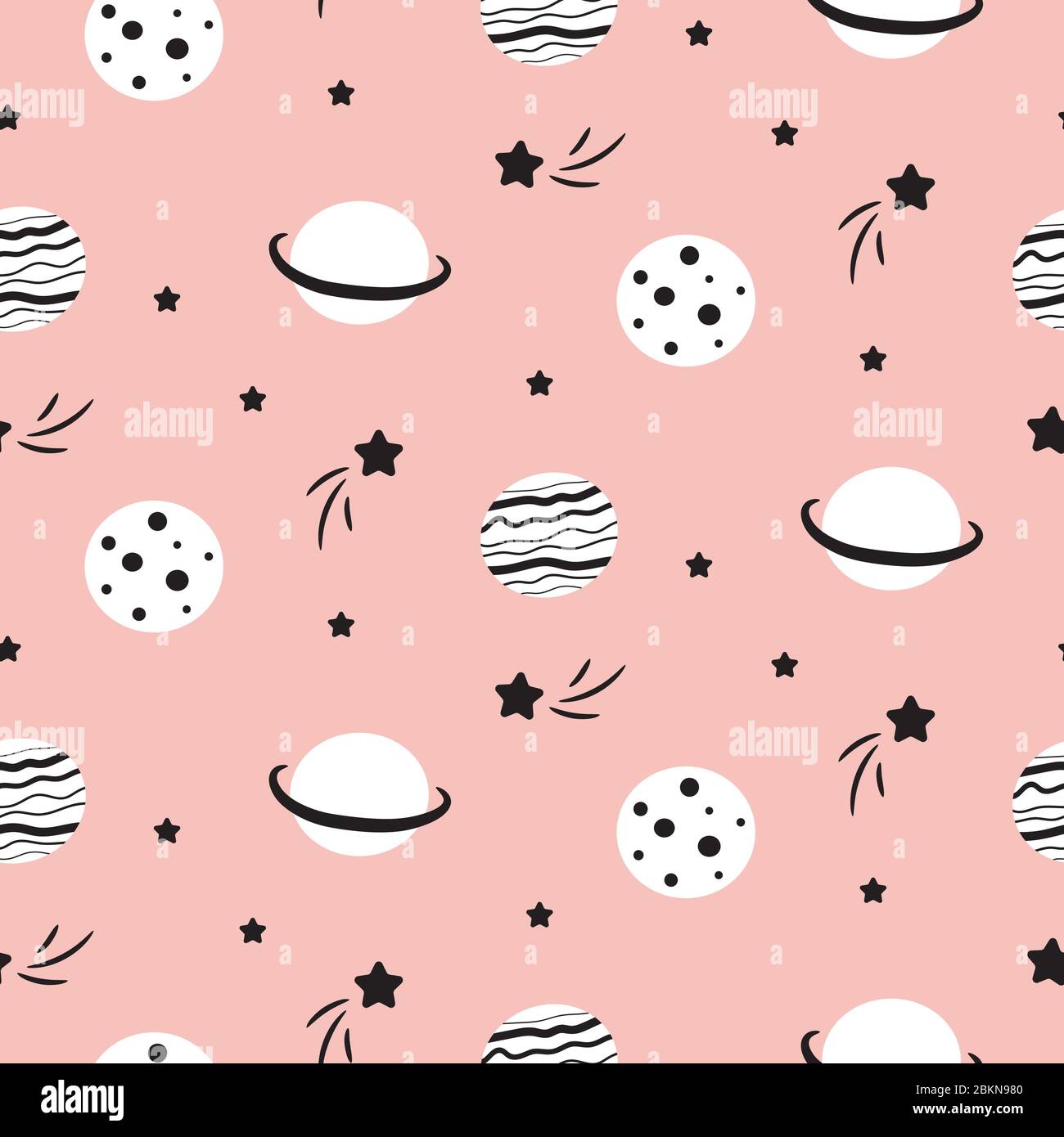 Seamless pattern with cartoon planet stars and comets. Stock Vector