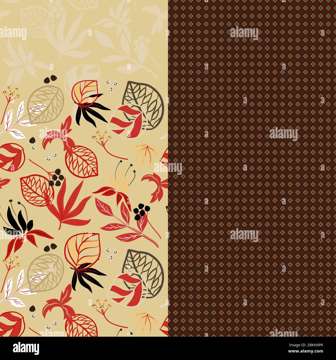 Two seamless pattern with hand draw leaf, vector illustration. Brown Stock Vector