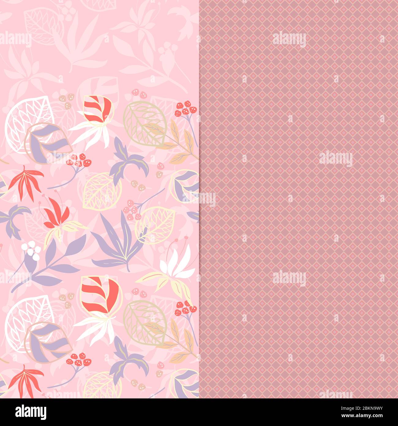 Two seamless pattern with hand draw leaf, vector illustration. Pastel pink Stock Vector