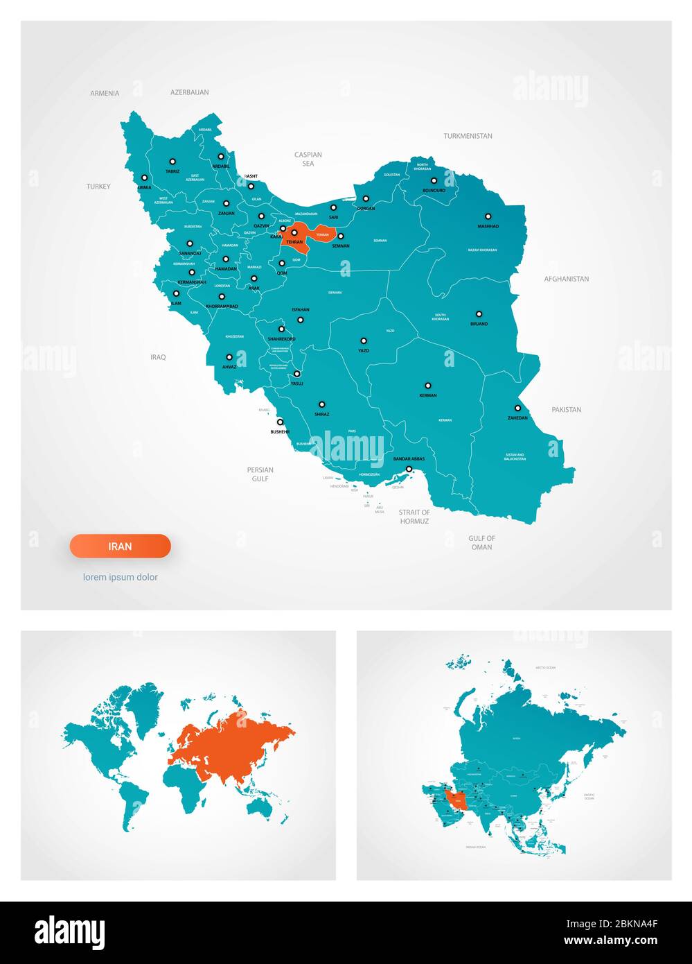 Editable template of map of Iran with marks. Iran on world map and on