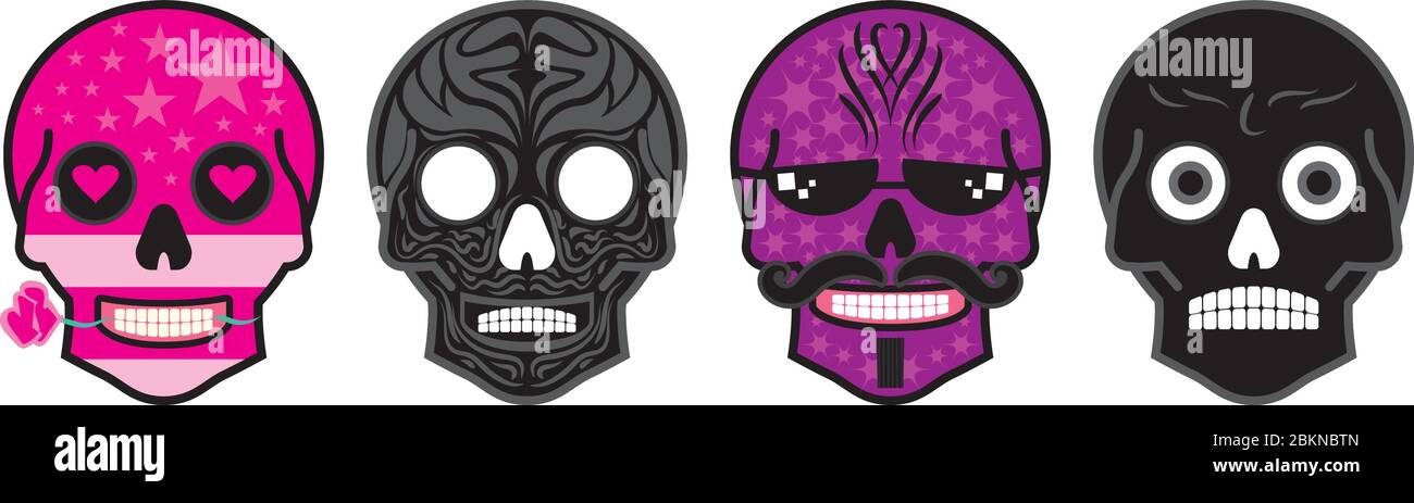 Sugar Skull vector set. 4 Colourful human skulls, cartoon smiling masks. Illustration. Stock Vector