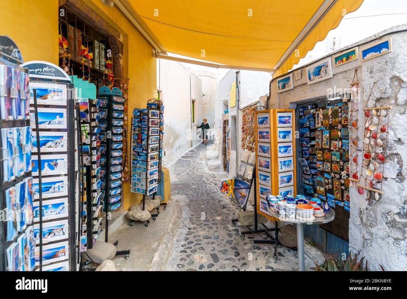 View of souvenir shop on narrow street in Pyrgos, Thira, Santorini, Cyclades Islands, Greece, Europe Stock Photo