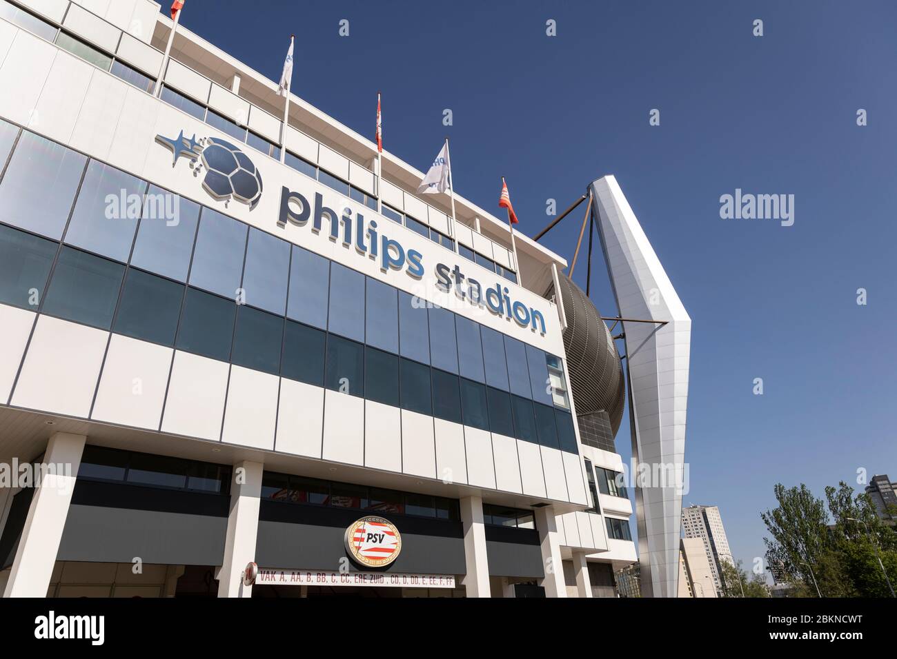 Eindhoven, The Netherlands, April 21st 2020. Exterior facade of the logo of the Philips Stadion, the third-largest Dutch football stadium in the count Stock Photo