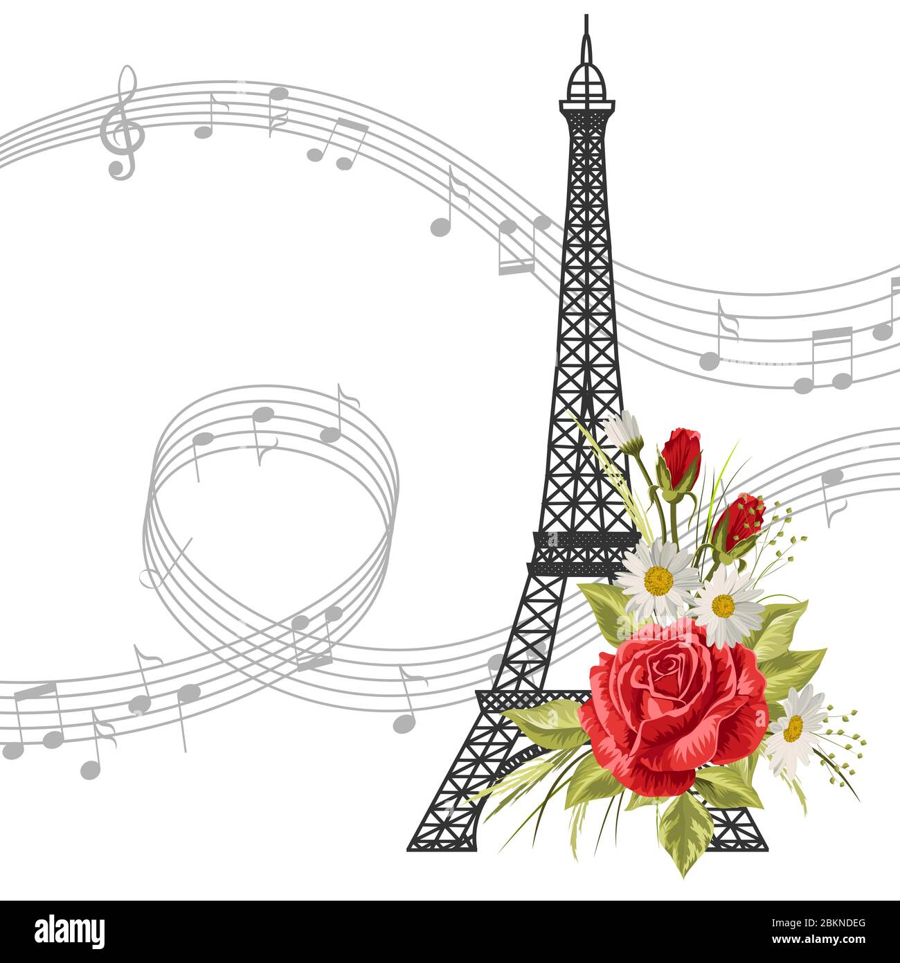 Eiffel Tower with flowers and music notes isolated on white background Stock Vector