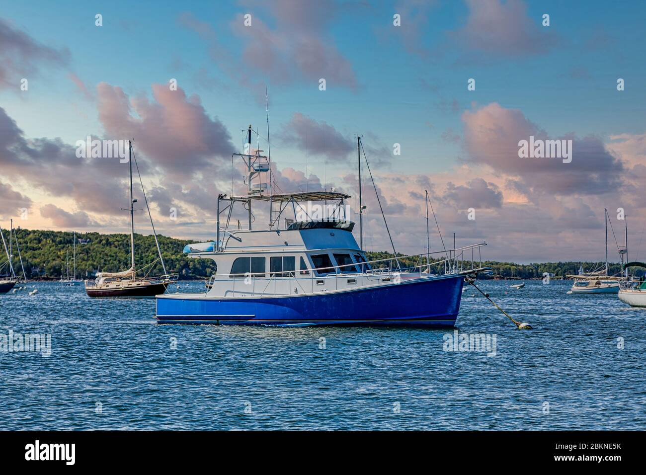 Blue and White Fishing Boat Anchored in Bay Stock Photo - Alamy