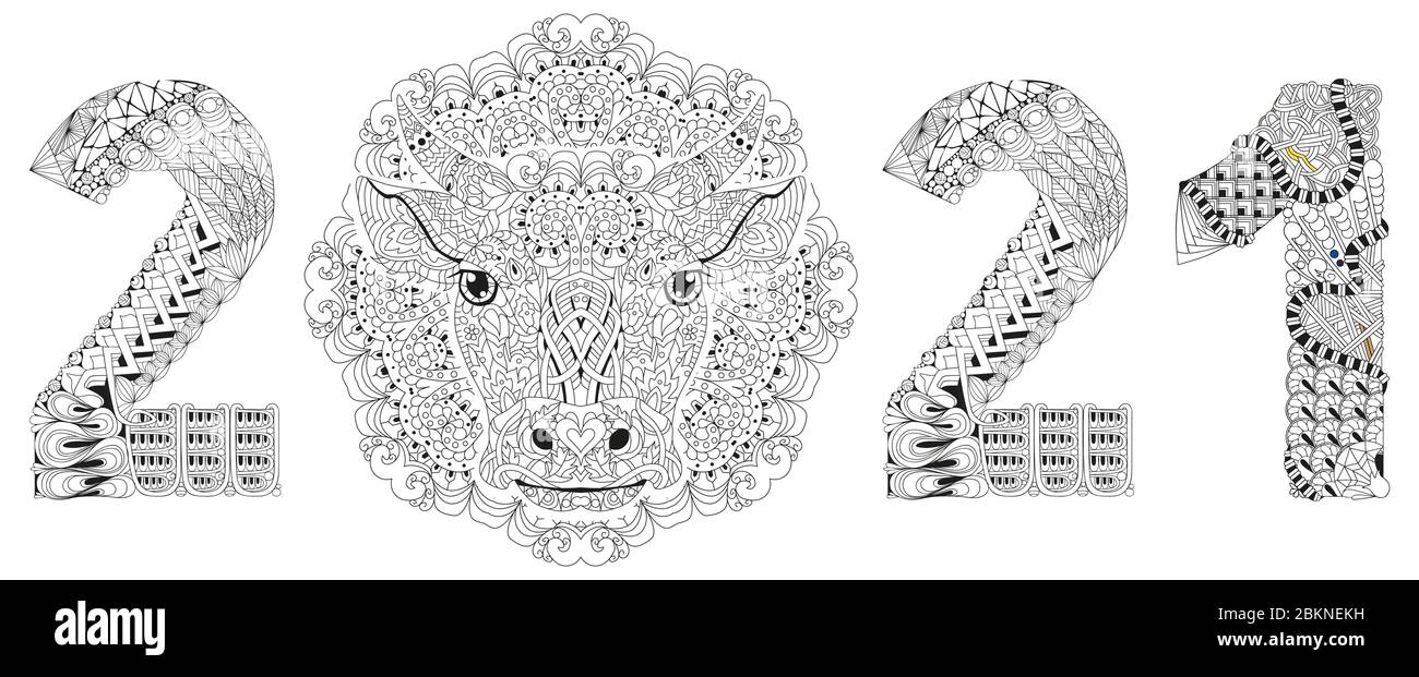 Zentangle stylized number 2021 with mandala and bull head. Hand Drawn lace vector illustration for coloring Stock Vector