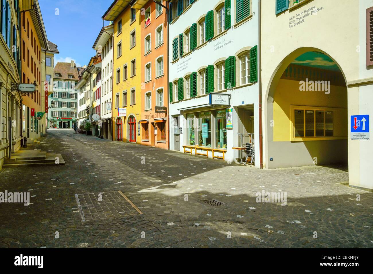 View of colorful Rathausgasse in old town Baden, Canton Aargau, Switzerland. Stock Photo
